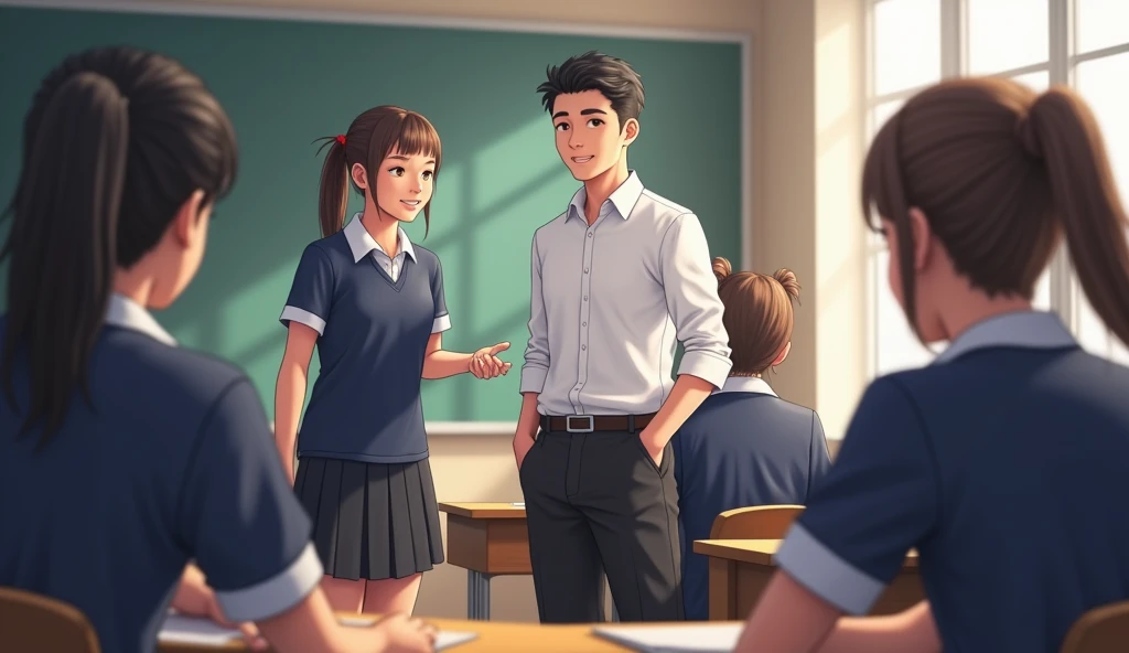 A boy in classroom talk to teacher
Teacher 30 age male young white shirt black trouser and students navy blue uniform age 20 girls with pony and boys 