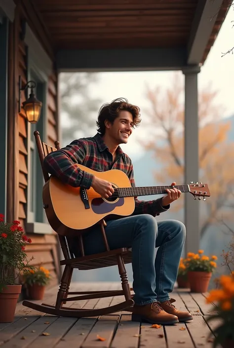  create the image of a 25-year-old white man playing the guitar on the porch of his house, Cold day but cozy weather 