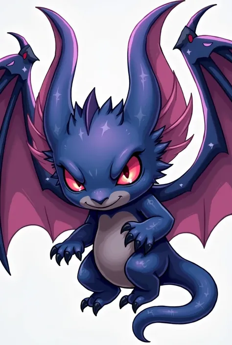 Create an image a close up of the drawing of a bat with wings, a blue ) Enormous bat-like ears, has sorte,  chibi, Its an evil gremlin ,  demon wings , very cute purple dragon , Bat wings, with big wings,  cosmic horror entity with wings , Ryuu,  mythical ...