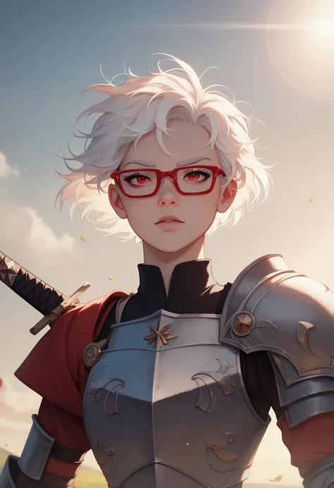  masterpiece  ,  A girl, in a field, ( short light white hair:1.2), ( Red Eyes:1.2), (Crausader:1.2), ( looks at the spectator :1.2) , (8k,  best quality 1.2),  Ultra-detailed, 8K UHD,  soft lighting ,  high quality,  movie grain , beautiful lighting, cine...