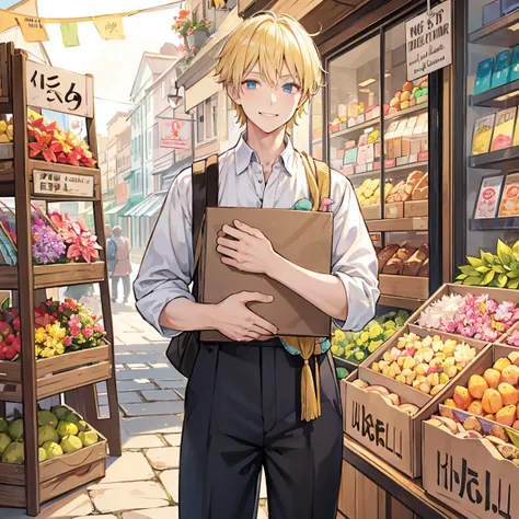 A blond merchant man has a business smile on his face at a colorful pastel-colored general store