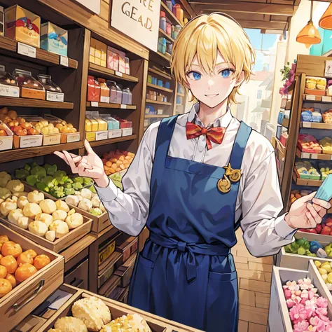 A blond merchant man has a business smile on his face at a colorful pastel-colored general store