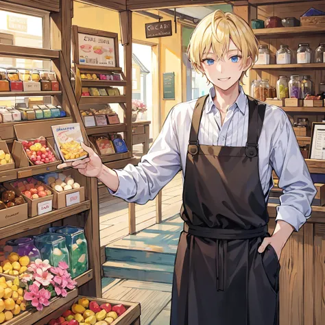 A blond merchant man has a business smile on his face at a colorful pastel-colored general store