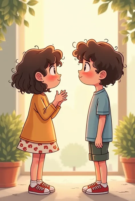 Create a cartoon of two people in love, a girl with curly short hair, half pretending to be happy with a curly haired boy looking at each other. 