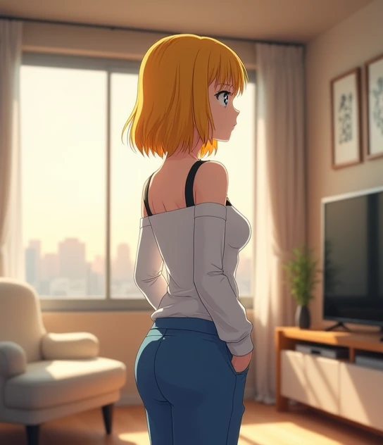   A 39-year-old anime-style woman , To Love Ru,  soft lighting ,  she is standing in the living room with a white armchair in front of the 65-inch television on the fourth floor of a beige building with some paintings hanging on the walls,  there is a smal...