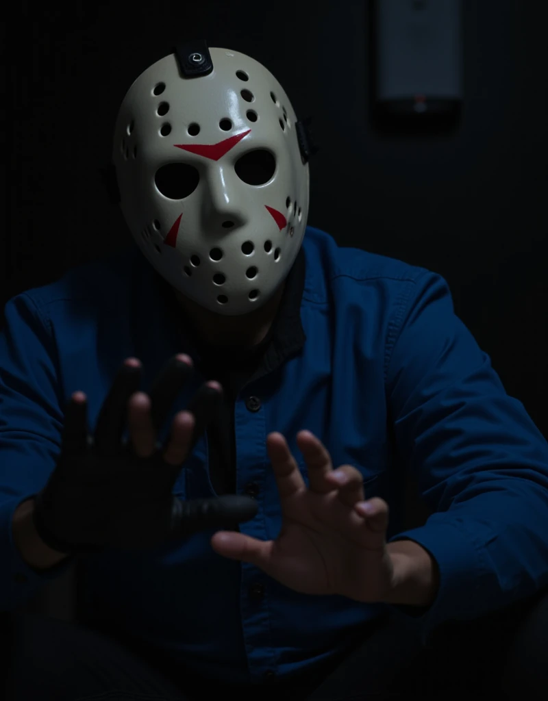 a hockey mask wearing man, Jason Voorhees, Friday the 13th, horror, eerie, slasher, intense, dramatic lighting, moody atmosphere, dynamic pose, sharp details, hyperrealistic, cinematic, dramatic composition, ominous presence