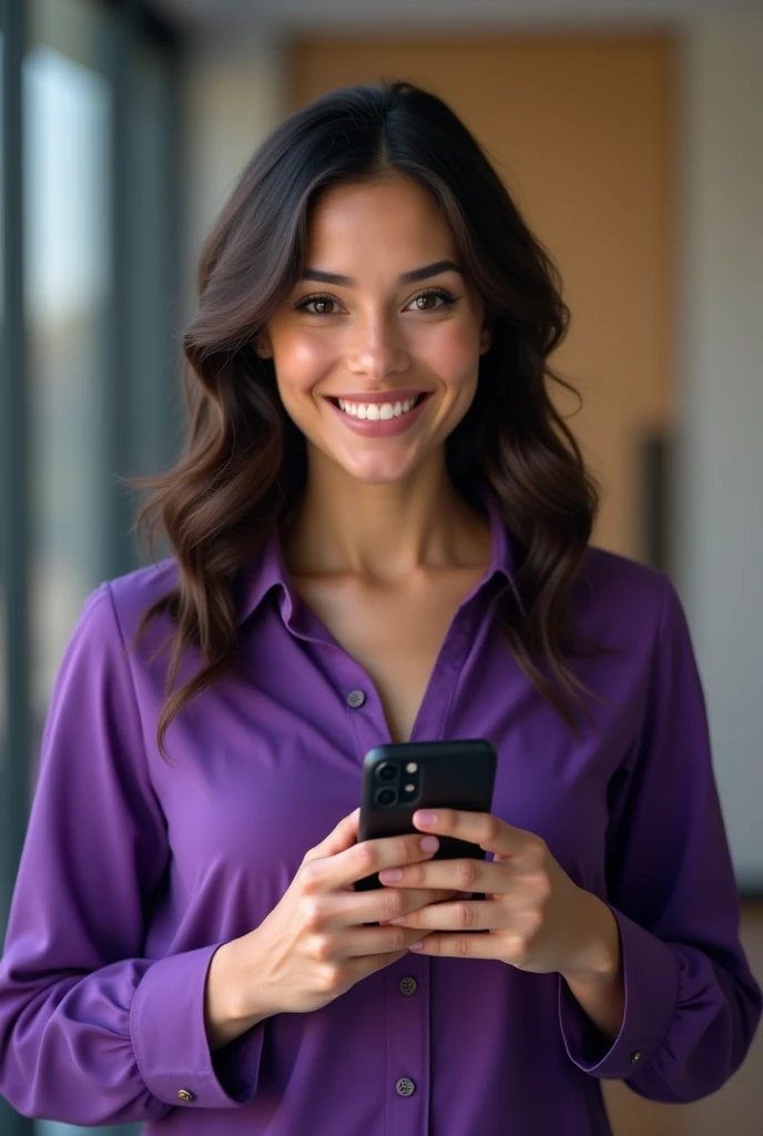 Latina woman, Technician Inventory Management. around 30s with a mid-long hair little wavy hair, sutil smile, PERFECT HANDS, not much slim, purple clothes, holding up her phone. The skin of this person should be realistic, not oily, not smooth, not cartoon...