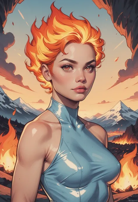 score_9, score_8_up, score_7_up, Western Comics, Portrait, girl, cute, seductive, innocent, light smile:0.3, plump lips, slender body, fire and ice, flaming hair, wild hair, in ice dress, Volcano Background, depth of field, dynamic angle, fashion photograp...