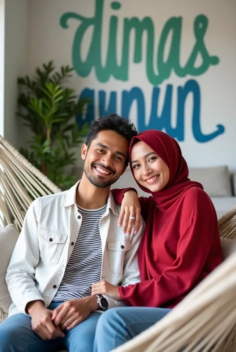 A vibrant lifestyle photograph featuring a asian couple young man and hijab woman relaxing in a white woven hammock indoors. The setting includes a modern, natural backdrop consisting of large font with sign graffiti "Dimas Aynun" in blue, green, and maroo...