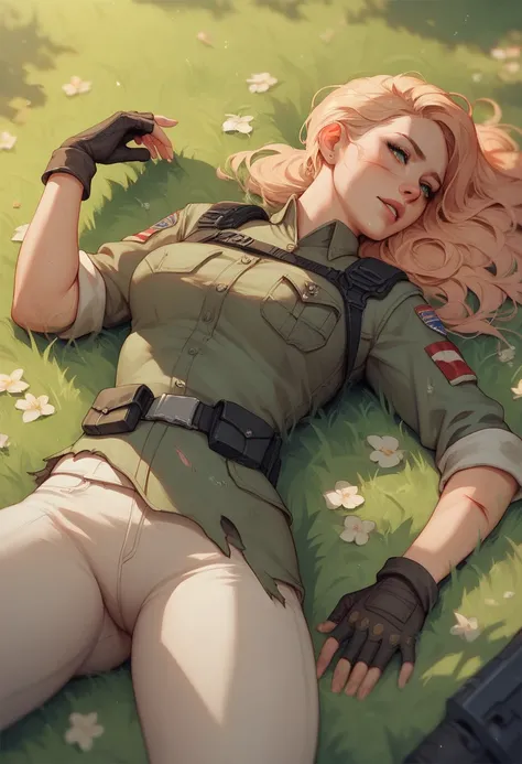 1 girl,  soldier clothes,  short and torn clothes ,  lying on the grass floor, Fall and wound 