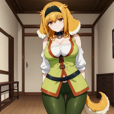 roxanne, multicolored hair, dog ears, dog tail, black hairband, collar, off-shoulder shirt, cleavage, green vest, green pants, stand, Confident pose, Room, Displeased face, Beautiful view, good atmosphere, Thigh