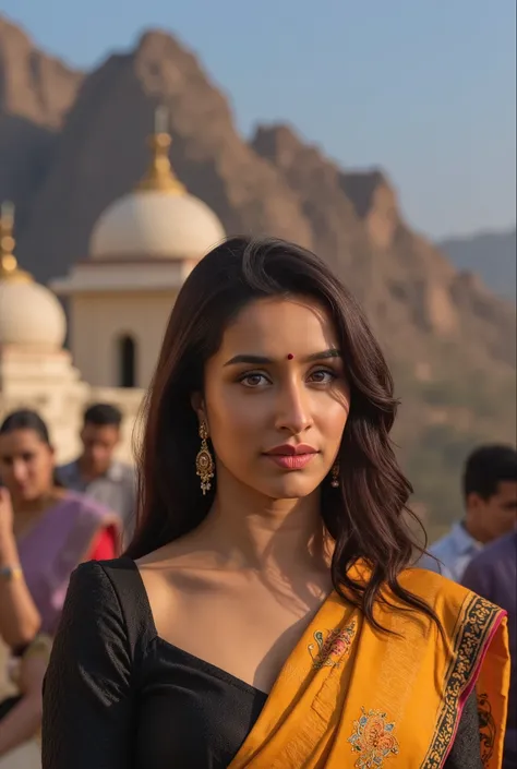 beautiful detailed eyes, beautiful detailed lips, extremely detailed face and skin, exquisite Indian woman, Shraddha Kapoor, 1 woman, elegant saree, traditional Indian saree, traditional clothing, ornate jewelry, ornate headpiece, visiting Kedarnath temple...