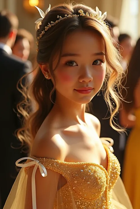 A pretty girl with glitter gold prom dress but with white ribbon as accessories