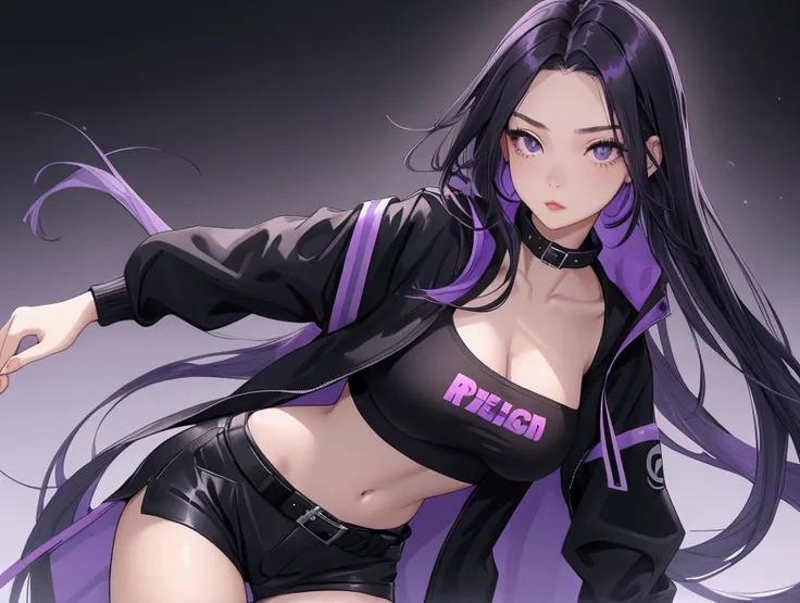 Young girl, late age of teen, has long black and purple hair, black eyes, big breasts and bottom. Looks sportive, very attractive, friendly and confident. Wears black revealing crop top, purple wide open jacket and black tiny shorts with belt.