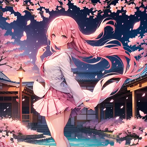 Create a magical scene of a Japanese high school girl dancing among falling cherry blossoms. School courtyard setting, flowing uniform skirt, long hair in motion, floating musical notes, heart-shaped light particles, sparkle effects, dreamy pink-tinted atm...