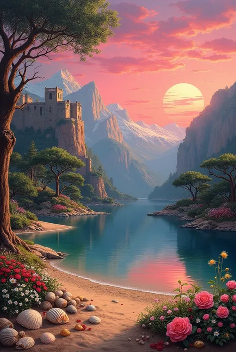 The painting depicts a luxurious paradise landscape. In the upper right corner is a majestic pink sunset, coloring the sky with rainbow shades of pink, of red and orange colors. In the center of the painting is a clear lake, reflecting the luxurious crowns...