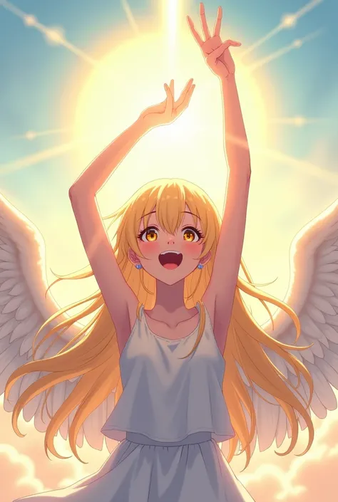 An anime girl as an angel blond hair bad laugh ,  with raised hands in the sky the sun shines from behind 