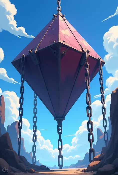 Draw a diamond-shaped dungeon hanging above the ground and chained to the ground by chains in the dungeon ,  anime style 