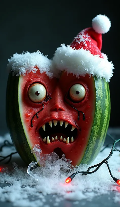 Create the letter W designed from thick watermelon slices with a frosty green rind and exposed red interior sprinkled with tiny edible snowflakes. At the top of each arm of the W, embed two large, terrifying human eyes with bloodshot sclera and dark, dilat...