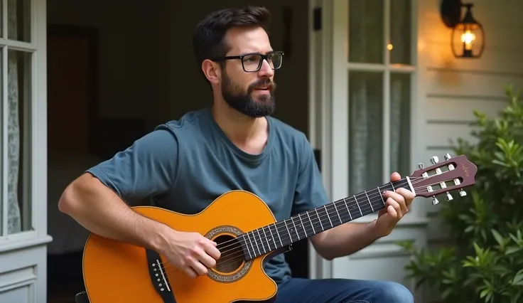  create the image of a 33-year-old white man, with 1, 85 in height weighing 90 kg , With black hair short dress cut , short beard,  wearing black glasses of degree , Playing the guitar on the porch of the house cozy place. 