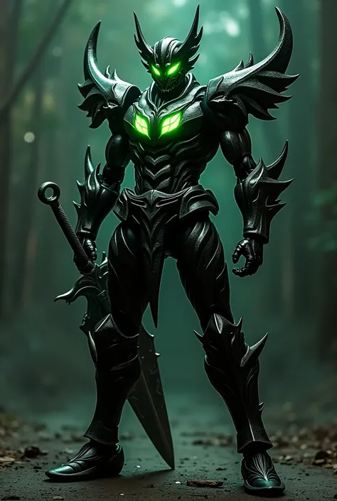  Create a Kamen Rider with all-black armor with dark green neon details, with spurs  ,  green leaf-shaped spikes on the shoulders , forearm, knees and shins,  holding a colossal sword .  With seven leaves in the center of the chest in the shape of irritate...