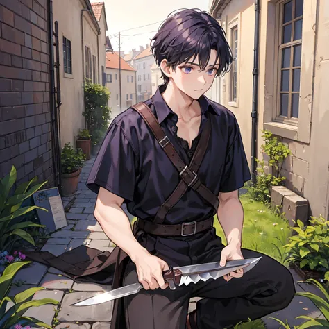 A poor dark purple short-haired boy is sharpening a knife sitting on a medieval backstreet