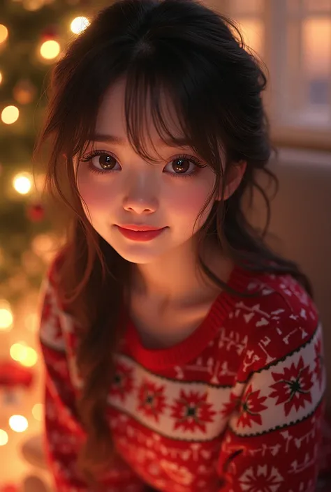 A beautiful woman with beautiful eyes:1.2, detailed eyes, beautiful full lips, highly detailed eyes and faces, long eyelashes, cute expression, smile, sitting:1.4, Christmas sweater, warm light, detailed lighting and shadows, anime style, 8k, Hi-Res, maste...