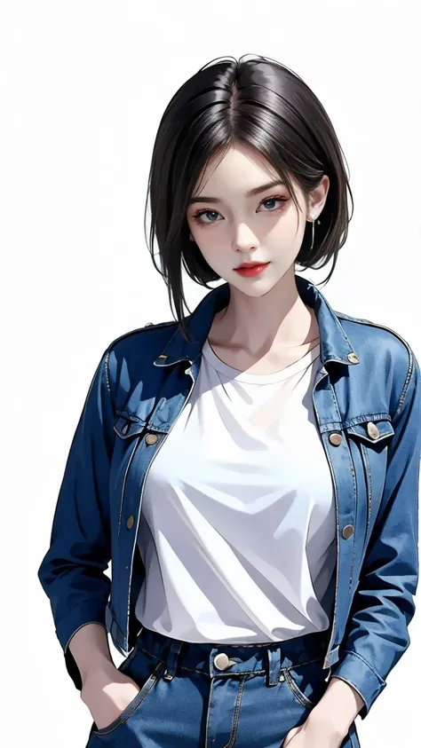 masterpiece, best quality, ((pure white background)), Permanently installed, black hair bun,cold noodle, whole body, denim jacket, Black T-shirt, casual pants, (fashion clothing), happy, Light effect, soft, super clear, HD pictures, (front)