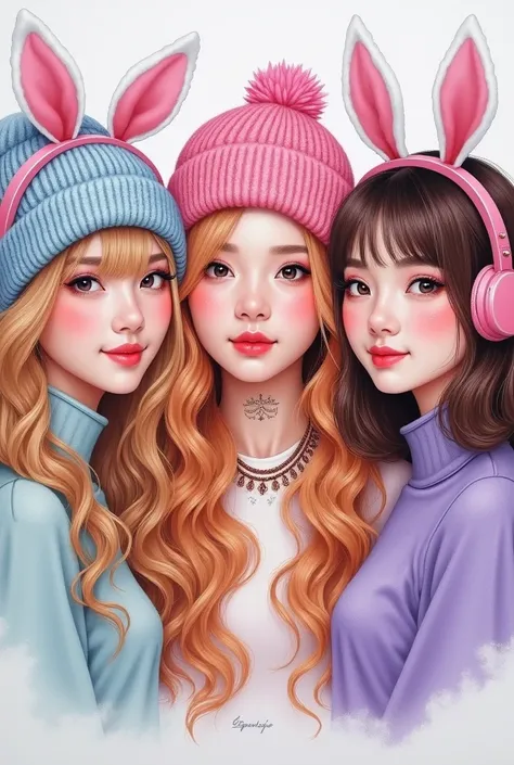  A Korean drawing of 3 female pop artists, the first is wearing a cute knitted bucket hat with cheery embodiry that almost covers her eyes, lip ring, curled long strawberry blond hair, and fairy-like makeup, the second is on the left side she is a female p...