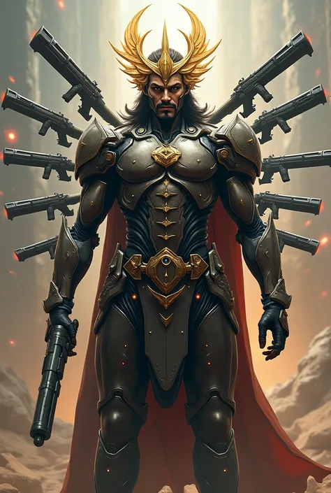 King Ravana with modern armor and taking futuristic weapons from his back wepon arsenal. Golden crown on head