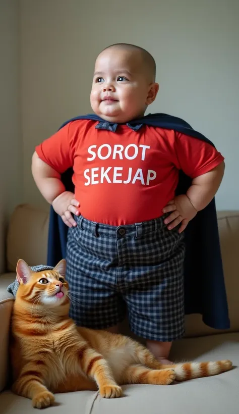 realistic image of addorable  boy, chubby obese with excessive fat and bald head. is wearing a tight red t-shirt with the words SOROT SEKEJAP printed on it, paired with a dark blue checkered sarong used as a superhero cape. The boy stands proudly on a sofa...