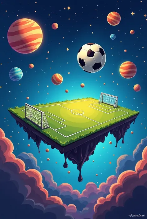  Caricature of a soccer field floating in outer space , surrounded by stars, planets and asteroids .  The edges of the field are distorted by zero gravity ,  and the ball is changing shape in the air .  The background shows the vastness of the cosmos with ...