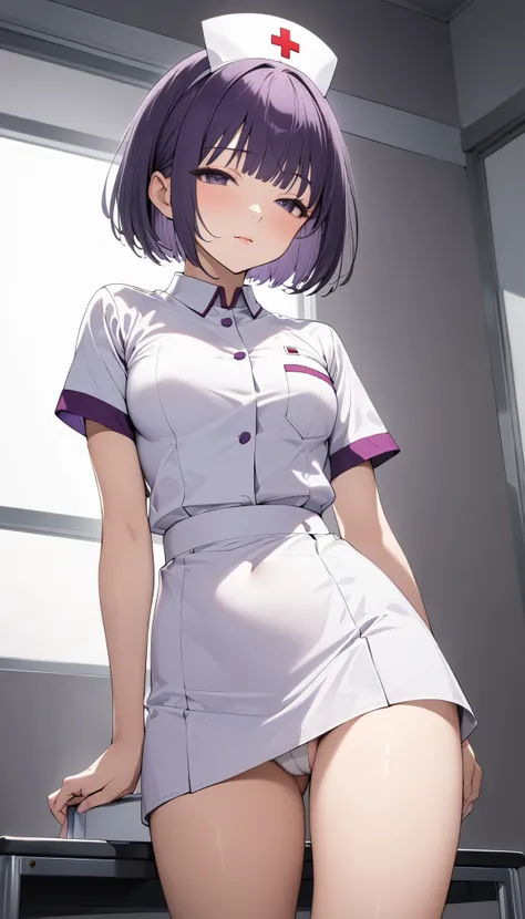 (( deep purple short bob cut)), ((white clean Japanese style nurse uniform)),    top quality ,  very detailed, (half-closed eyes, sexual meanings)（Height: 160cm）、(( anatomically correct body))、（Small cute breasts:0.1）, （20-year-old woman）（A slim and health...