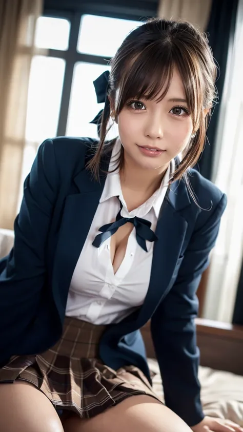 ((masterpiece,  top quality ,  high definition ,  Ultra Fine)),  Japanese high school girls,( realistic :1.5)、 smiles、 Amazing Face 、 sharp mouth、 close your mouth、Glossy Lips 、 twin tails,(Beautiful brown hair:1.5)、 high school uniform ,(Black blazer, See...