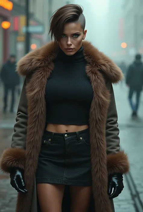 (photorealism:1.2), beautiful woman,masterpiece.best quality.perfect face.perfect boobs.natural boobs.1woman.expressive eyes.perfect hands.full details.fur coat.sweater wool turtleneck shirt..miniskirt.wool leggins.leather  fur boots., winter. fog.in the s...