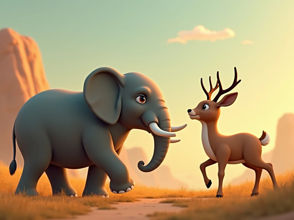 Elephant: "Deer, stop hopping so much while you walk. You might fall into a ditch. Look ahead and walk carefully."
Narrator: "But the deer ignored the elephants advice and continued to hop proudly.3d animation