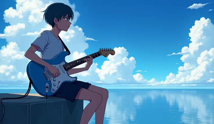 Anime boy sitting on a ledge playing a Blue Electric guitar, Anime Art Wallpaper 8K, Anime Art Wallpaper 4K, Anime Art Wallpaper 4K, Estilo anime 4K, 4k anime wallpapers, 4k anime wallpapers, 4k anime wallpapers, Wallpapers manga 4K wallpapers, Makoto Shin...