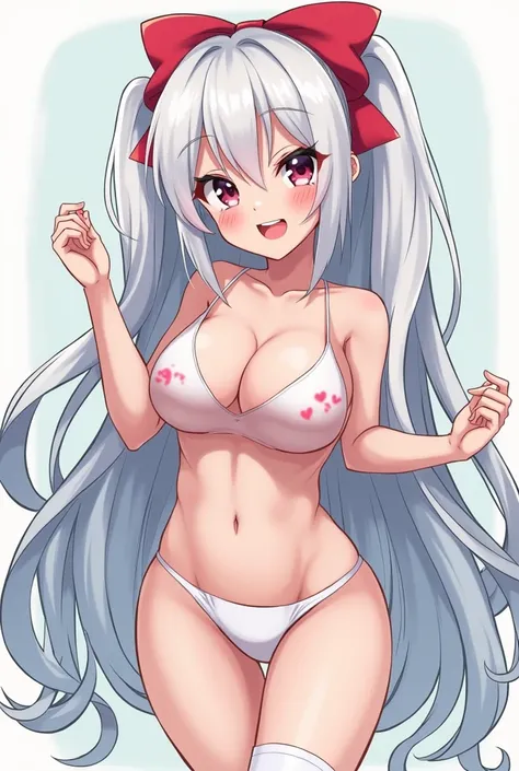  Hatsume Miku style female anime character long white hair, wearing red bow , biggest sise boobs ,  tiny horizontal one-piece breasts  , small white panties , wearing white socks .  open style hardcore Hentai ero  