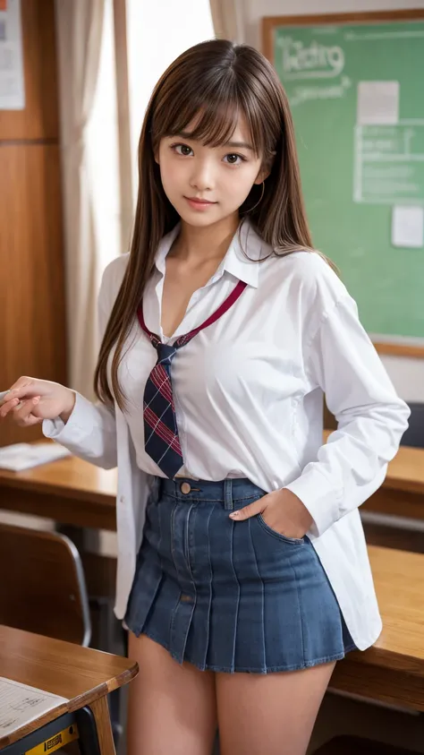 creative girl in school classroom ,(well-proportion:1.3), sexy latino ,(cowboy shot),(focus on your thighs),Im wearing a Japanese uniform with a plaid ultra-short pleated miniskirt,cardigan,blouse,tie,long light brown  hair, asymmetrical bangs ,  beautiful...