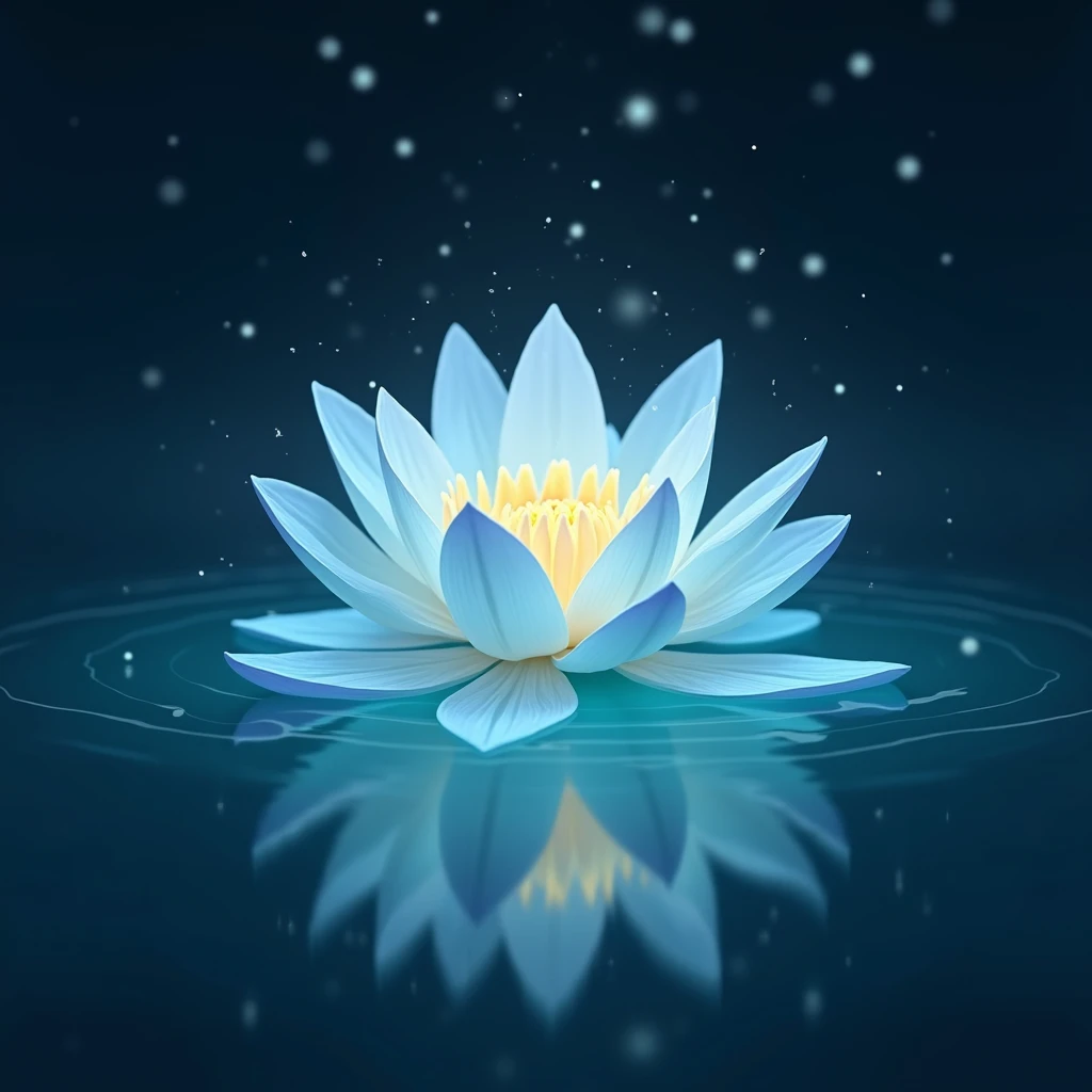 Aquatic Blossom: A water lily with bioluminescent petals floating on a crystal-clear pond. Bhagya name is glowing faintly under the surface of the water.