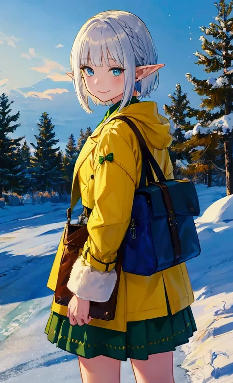 oil painting, Like a game cover、background（ Christmas、 snows、Date Scene、 Illuminations、Blue and yellow contrast ）、 pose（ looking back、 waves）、 character （ pointed ears、Elf、 blue eyes、ラフなclothing、 long lashes,smile、Mr.々Expression）、Hairstyle（ Rinwell-style b...