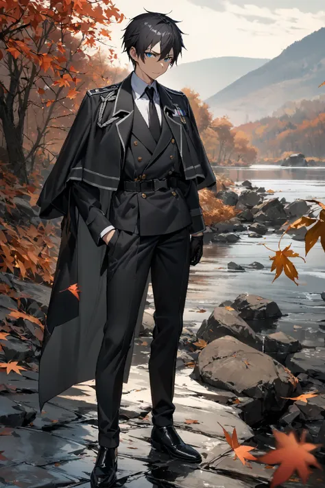 masterpiece, 最 High Quality , 8k, ((1 male, Alone, male focus, confident,)), Big Winter Lake with Autumn Leaves , blue sky、最 High Quality , Kirito,  Cool Guy in Japanese Delicate and Elegant Anime Style, Draw faces in high detail、 Sword Art Online , Black ...