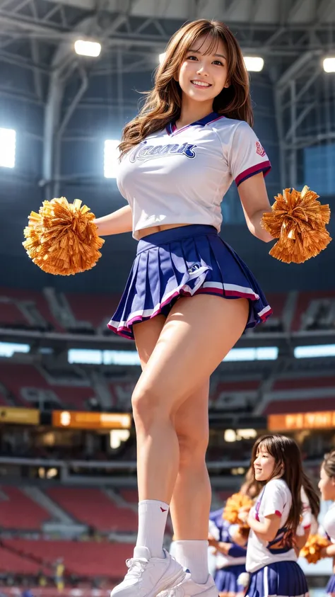 a beautiful cheerleader with long brown hair,japanese female,a cute face,and a big smile,wearing a sports uniform with a very short pleated mini skirt,holding large pompoms in both hands,posing in a stadium background,with highly detailed anatomy,realistic...