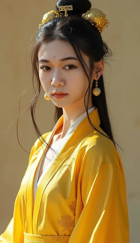 (( top quality)), ((  masterpiece  )), (  Details),  1 girl in uniform, Japanese beautiful girl、
  girl 、 slender 、 slim、 noble girl 、 wearing an ancient Chinese yellow costume、 long hair on background、 hair ornament、realityphoto、documentaryphoto、Impressiv...