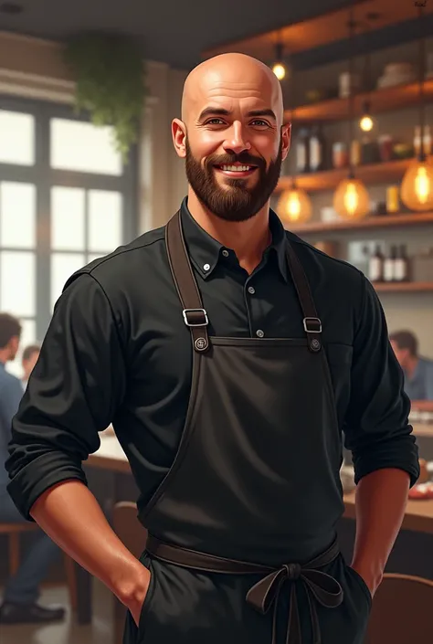 draw a man aged 40,  large build,  without a beard , smile on face ,bald ,  works as a cook at a restaurant ,  wears a black uniform and an apron .  use realistic style ,  draw a background in the restaurant interior  ,  high quality image ,