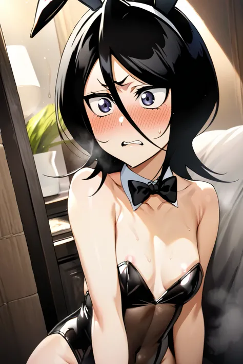 NSFW,masterpiece, top quality , high definition , very detailed, Kuchiki Rukia (BLEACH), short hair, black hair、 hair between eyes,see-through playboy bunny,Embarrassed,blush