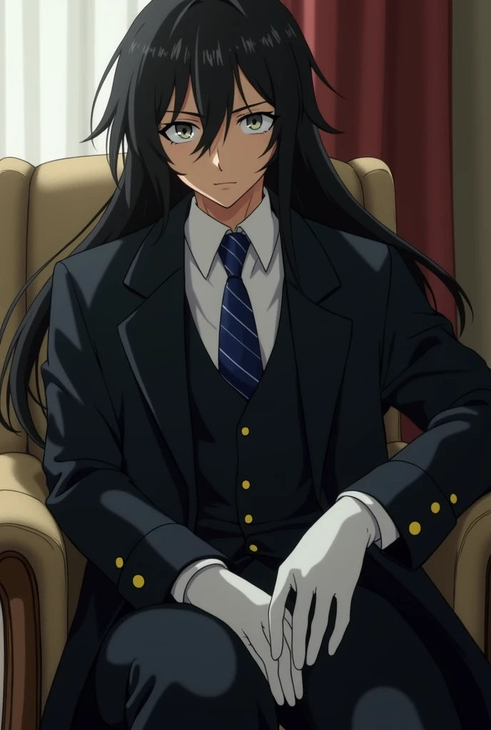 Live Action teen asian boy with Long Flowing Black hair, Wearing a Baggy Double Breasted Long-Coated Formal Suit that reaches the ground. Over a Long Sleeved White dress Shirt and Blue striped tie with the sleeves covering the palms, Long White Cotton Dres...