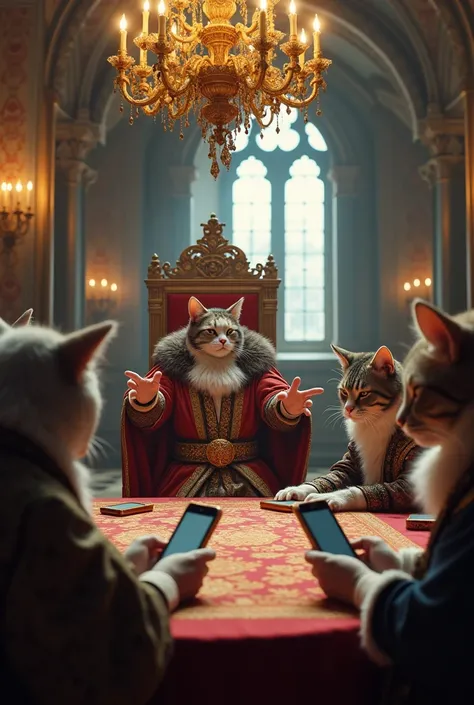 (Masterpiece, high quality, high resolution, detailed, 8k), in a luxurious room in a medieval European castle, dressed in ornate medieval clothing. A cat-ear king sits on a throne in the far center of the room, the king is talking happily with his arms out...