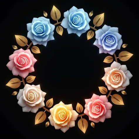 The image is a digital artwork featuring roses with glowing edges in various shades of blue, yellow and pink, arranged in a circle with gold leaves interspersed between them, set against a black background. The roses are stylized with realistic textures to...