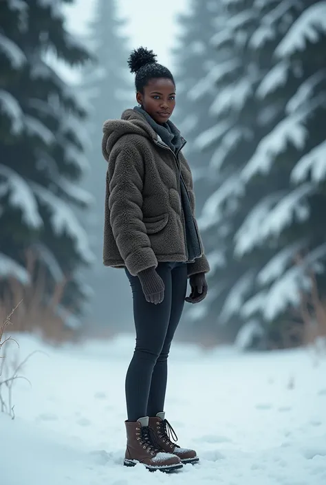 Image of a naked blue-eyed black woman wearing only vicking boots with the snowy forest landscape 